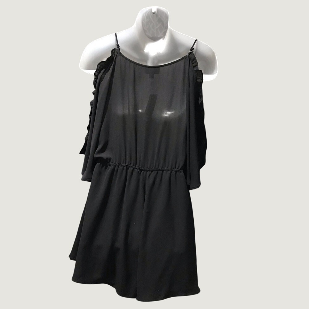 Bold Elements Black Chiffon Flowy Ruffled Split Cold-Shoulder Romper - Picture 7 of 12